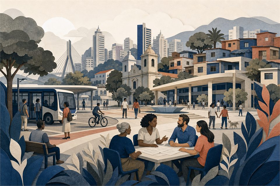 Ilustração editorial de uma praça brasileira com transporte público e vida comunitária