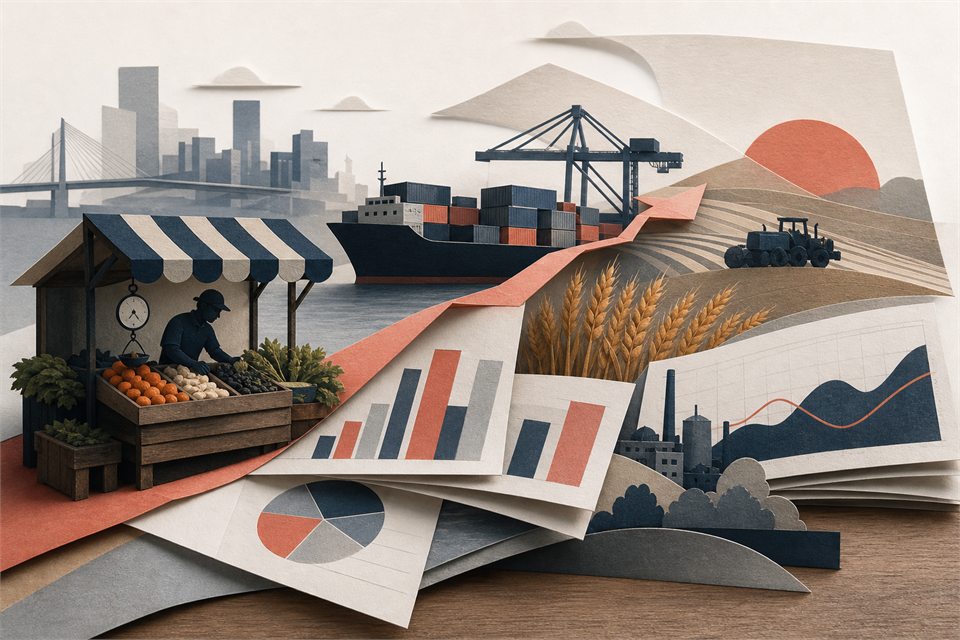 Ilustração editorial de mercado, produção agrícola, porto e gráficos econômicos