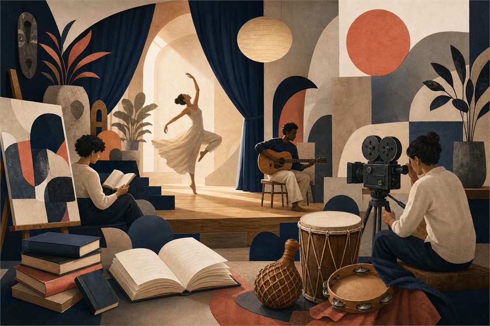 Ilustração editorial de dança, música, cinema, artes visuais e livros