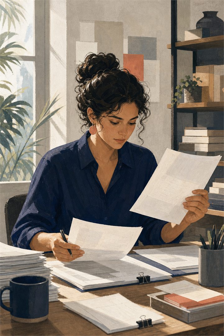 Personagem editorial fictícia comparando documentos em uma mesa de curadoria