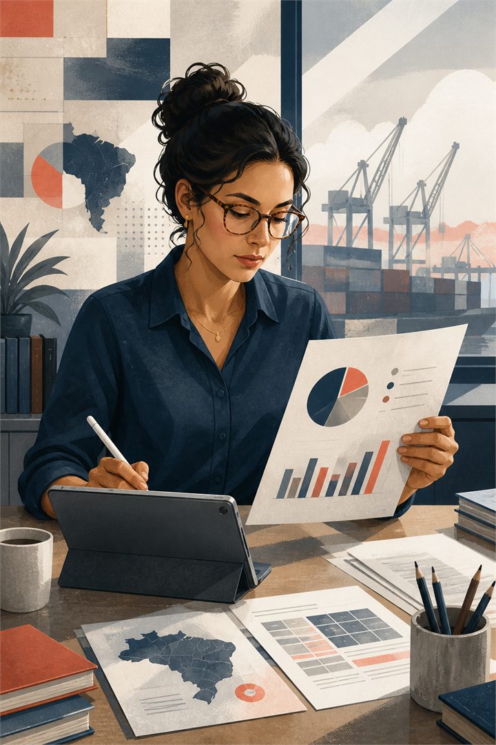 Personagem editorial fictícia analisando dados econômicos e gráficos