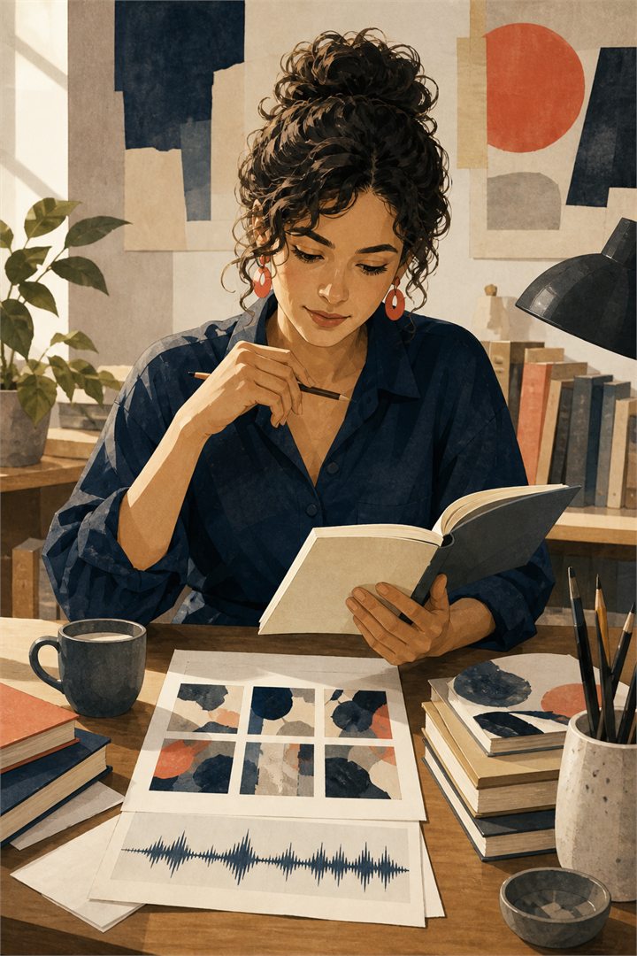 Personagem editorial fictícia revisando livros, imagens e uma referência de áudio